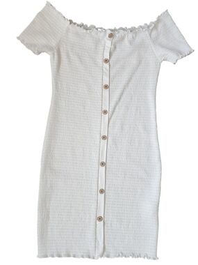 Girls' White Off-Shoulder Button-Front Dress